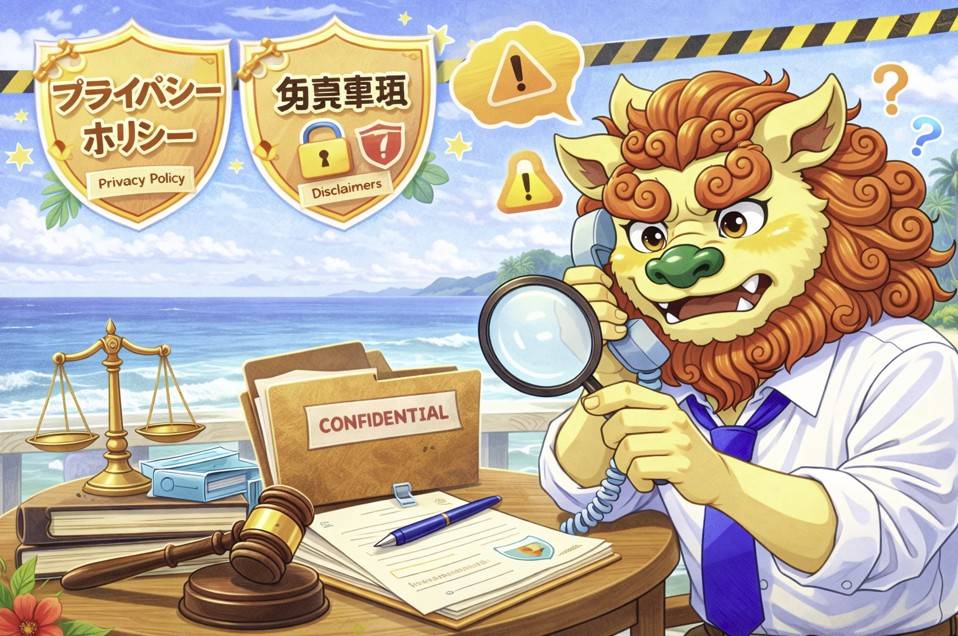 沖縄風シーサーのキャラクターが海辺のデスクで書類を確認しながらプライバシーポリシーと免責事項を案内するイラスト。鍵や盾、天秤などのアイコンが配置された安心感のある情報保護イメージ