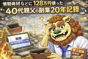 情報商材に128万円使った40代男性を表現したシーサーキャラクターが、空の財布を見て焦る様子のイラスト。副業20年の失敗や体験談を象徴