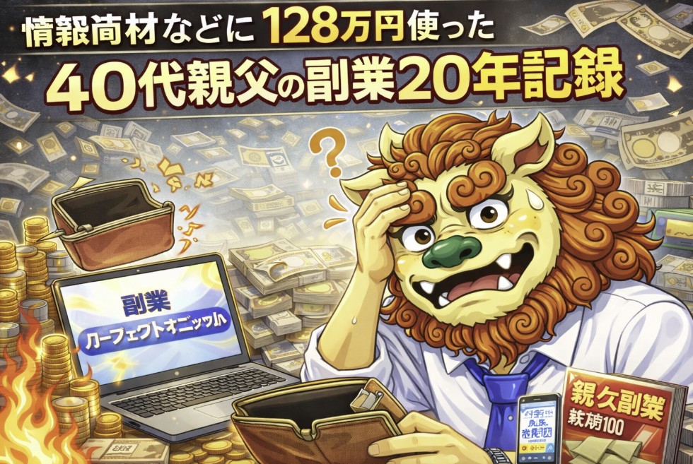 情報商材に128万円使った40代男性を表現したシーサーキャラクターが、空の財布を見て焦る様子のイラスト。副業20年の失敗や体験談を象徴