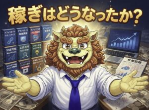 アフィリエイト教材を複数購入した結果の収益をテーマにしたシーサーキャラクターのイラスト。副業の失敗と成功の対比や稼ぎの変化を表現したアイキャッチ画像