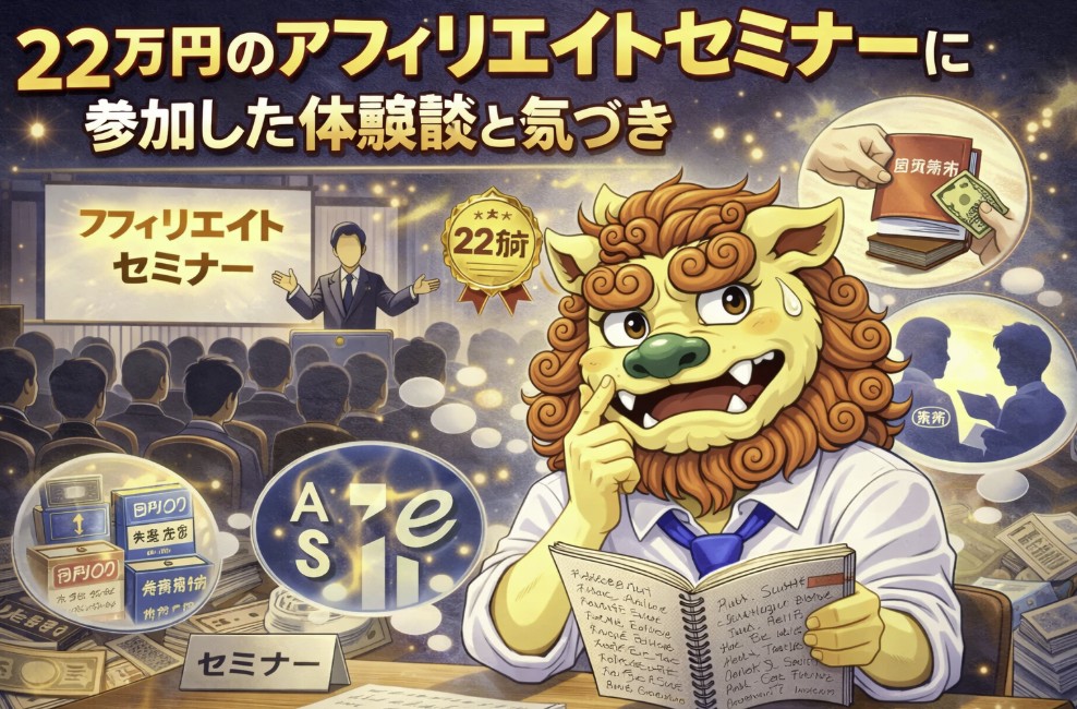 22万円のアフィリエイトセミナーに参加した体験を表現したシーサーキャラクターのイラスト。セミナー会場や講師、学びや気づきを象徴する要素が描かれた副業体験談のアイキャッチ画像
