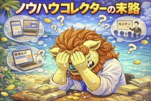 ノウハウコレクターの末路を表現したシーサーキャラクターのイラスト。沖縄の海を背景に教材やお金に囲まれながら顔を伏せて泣いている副業失敗のイメージ画像