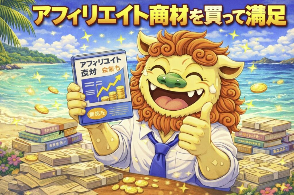 アフィリエイト商材を購入して満足している様子のシーサーキャラクターのイラスト。沖縄の海を背景に教材を手に笑顔で喜んでいる副業イメージ画像