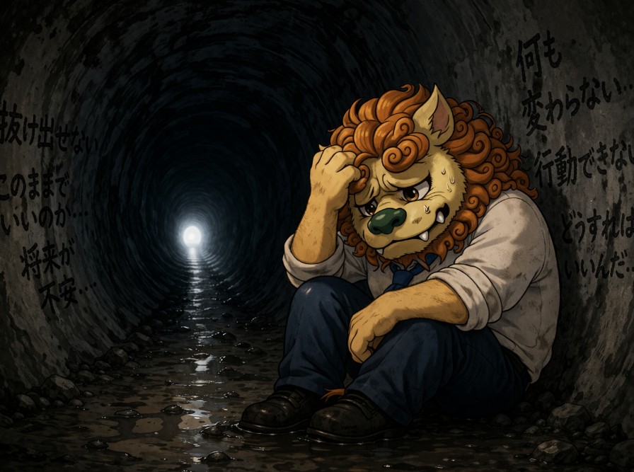 暗いトンネルの中でうずくまり抜け出せず苦しんでいるライオンキャラクターのイラスト｜副業で稼げない迷走状態と将来不安を表現