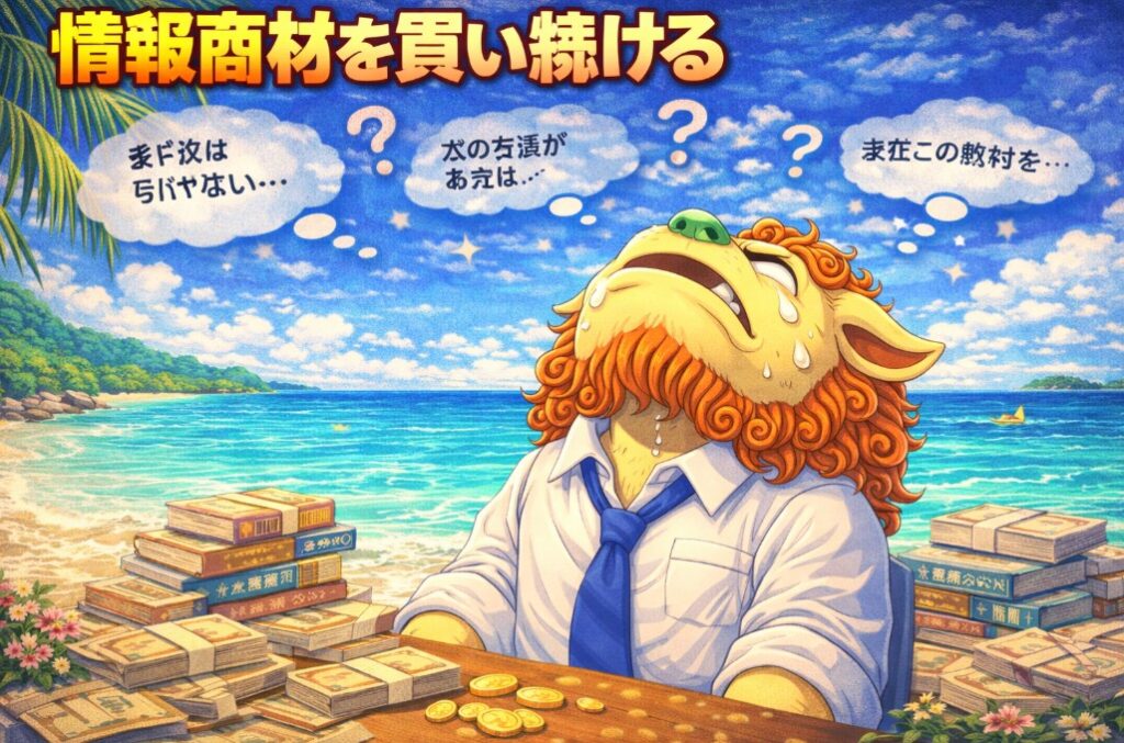 情報商材を買い続けてしまう心理を表現したシーサーキャラクターのイラスト。沖縄の海を背景に天を見上げて後悔しながら悩んでいる副業・アフィリエイト失敗のイメージ画像