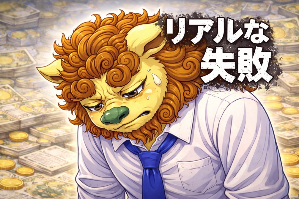 リアルな失敗をテーマにしたシーサーキャラクターのイラスト。情報商材やお金に囲まれながら下を向いてうなだれている様子を描いた副業・アフィリエイト失敗のイメージ画像