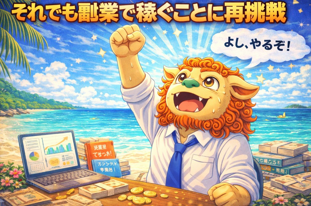 副業で稼ぐことに再挑戦する決意を表現したシーサーキャラクターのイラスト。沖縄の海を背景に拳を上げて「よしやるぞ」と前向きな表情で意気込む副業・アフィリエイト再スタートのイメージ画像