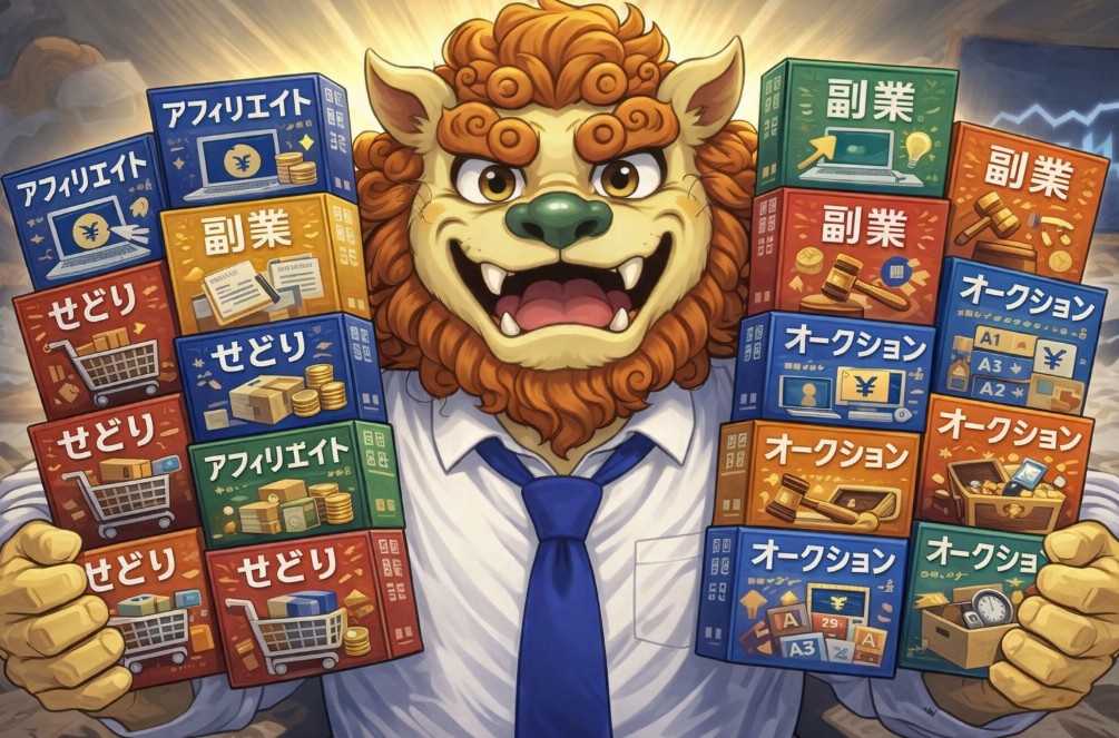 アニメ風のライオンキャラクターがアフィリエイト・副業・せどり・オークションの教材を16冊手に持っているイラスト｜副業・ネットビジネス学習イメージ