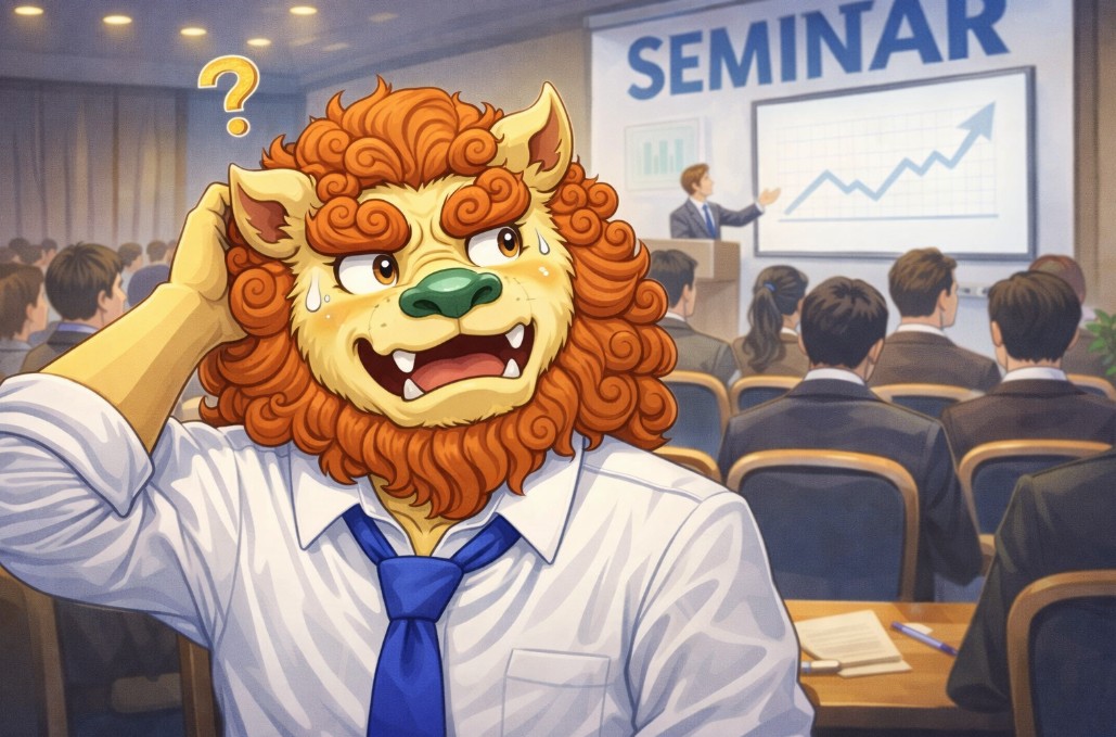 アニメ風のライオンキャラクターがセミナー会場で違和感を感じて困惑している様子のイラスト｜副業・アフィリエイトセミナー参加時の不安イメージ