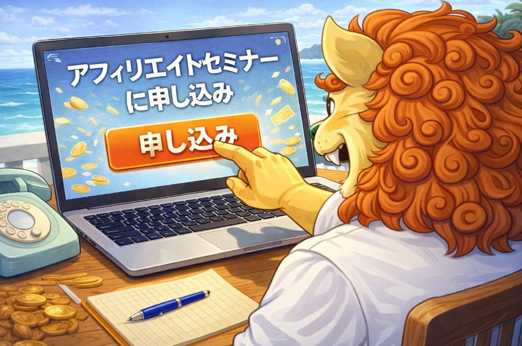アニメ風のライオンキャラクターがPCでアフィリエイトセミナーに申し込みボタンをクリックしている後ろ姿のイラスト｜副業・ネットビジネス学習イメージ
