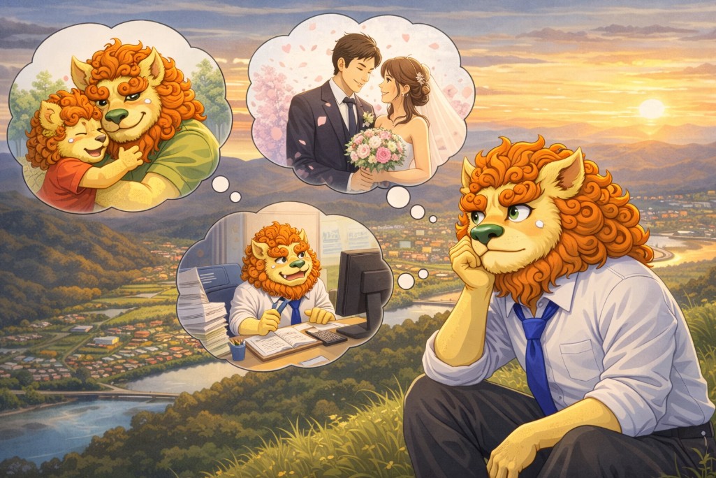 夕焼けの丘でライオンキャラクターが人生を振り返りながら将来を考えている様子のイラスト｜副業・キャリア・人生設計のイメージ