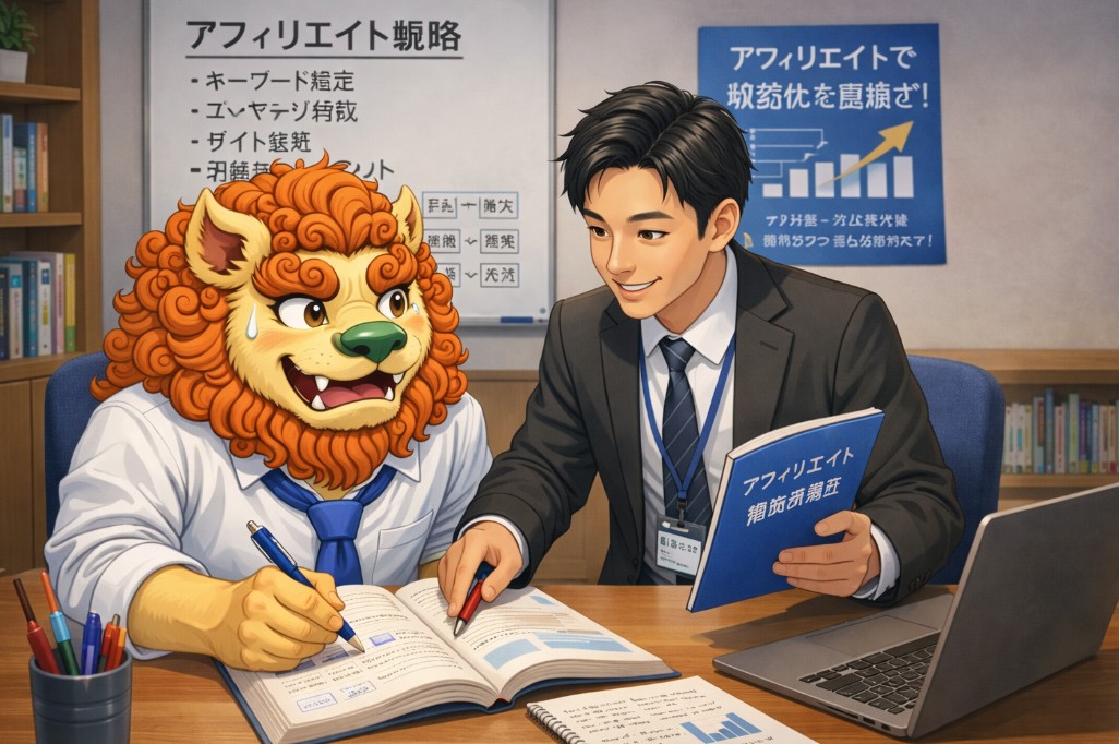 アフィリエイトの個別指導を受けながら学習するライオンキャラクターのイラスト｜副業・ネットビジネス初心者向け講座イメージ