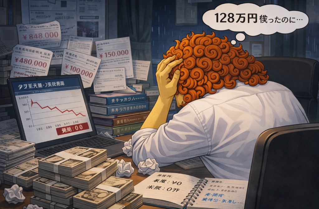 128万円使っても結果が出ず落ち込んでいる後ろ姿のライオンキャラクターのイラスト｜副業アフィリエイトで失敗・収益ゼロの状態を表現