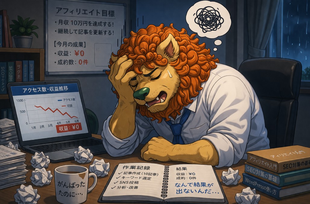 副業アフィリエイトで結果が出ず落ち込んでいるライオンキャラクターのイラスト｜収益ゼロ・成果が出ない悩みを表現したイメージ