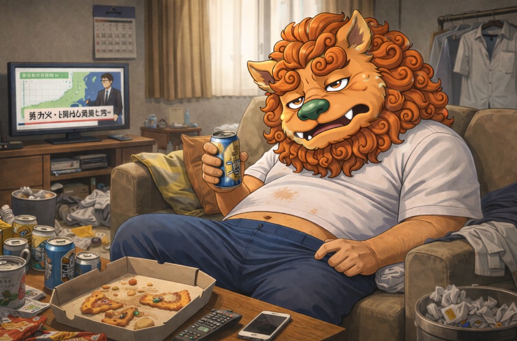 何もせずダラダラ過ごす40代男性をイメージしたライオンキャラクターのイラスト｜副業せず停滞する現実と将来不安を表現