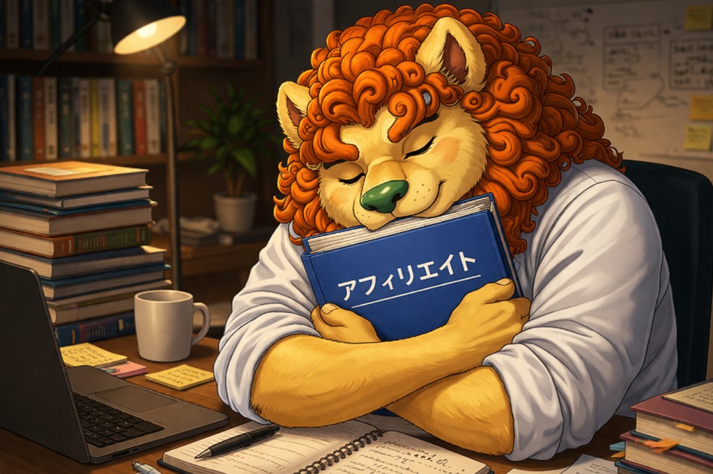 アフィリエイトの本を抱きしめて落ち込んでいるライオンキャラクターのイラスト｜副業で稼げない悩みと教材依存の状態を表現したイメージ