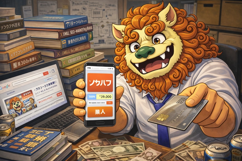 副業・情報商材で稼ぐ方法を紹介するライオンのキャラクターのイラスト。スマホに“ノウハウ販売”画面を表示し、クレジットカードと現金が並ぶデスクでSEOやマーケティング関連の書籍に囲まれている様子