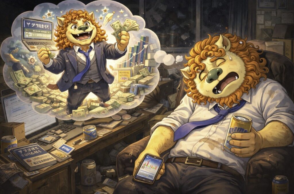 副業で稼ぐ成功イメージを妄想しながら現実では疲れて眠っているライオンキャラクターのイラスト｜アフィリエイトで結果が出ない現実と理想のギャップを表現