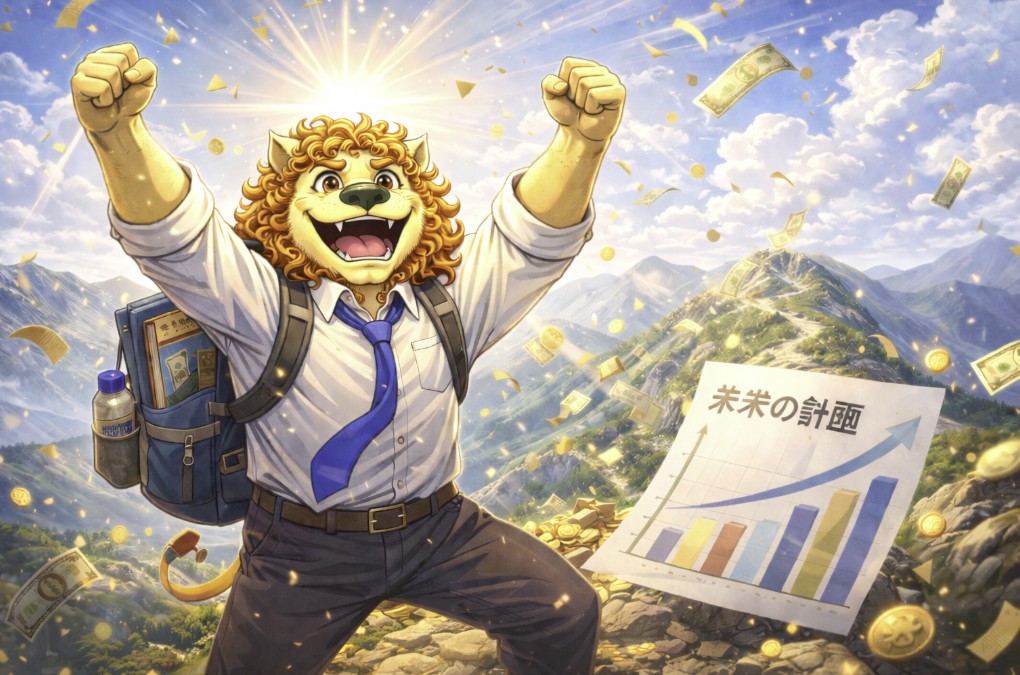 副業で成功し山頂で喜びに満ち溢れるライオンキャラクターのイラスト｜アフィリエイトで収益化し人生逆転を実現したイメージ