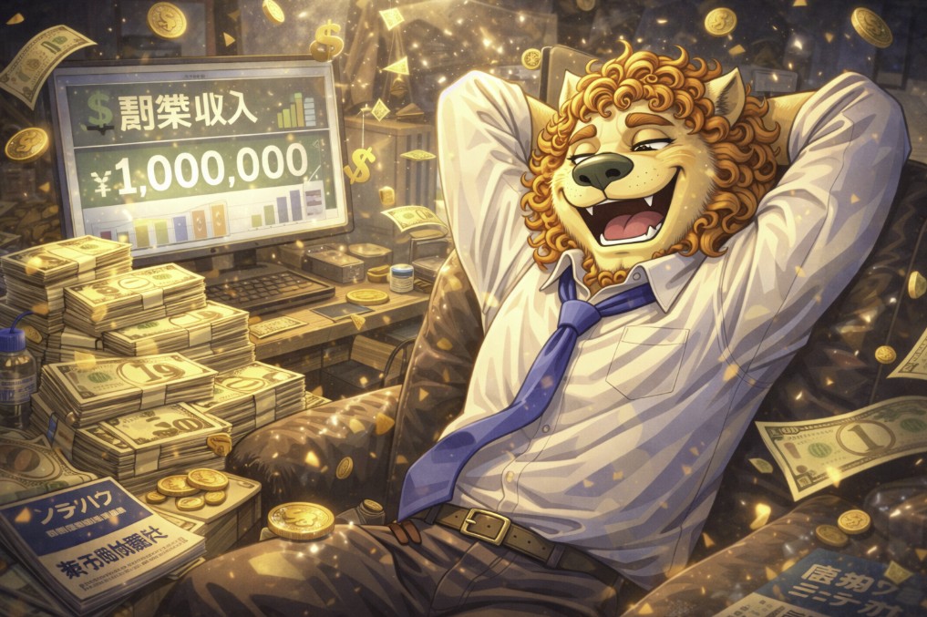 副業で稼いでいる妄想をしながらニヤニヤしているライオンキャラクターのイラスト｜アフィリエイトで結果が出ない現実と理想のギャップを表現
