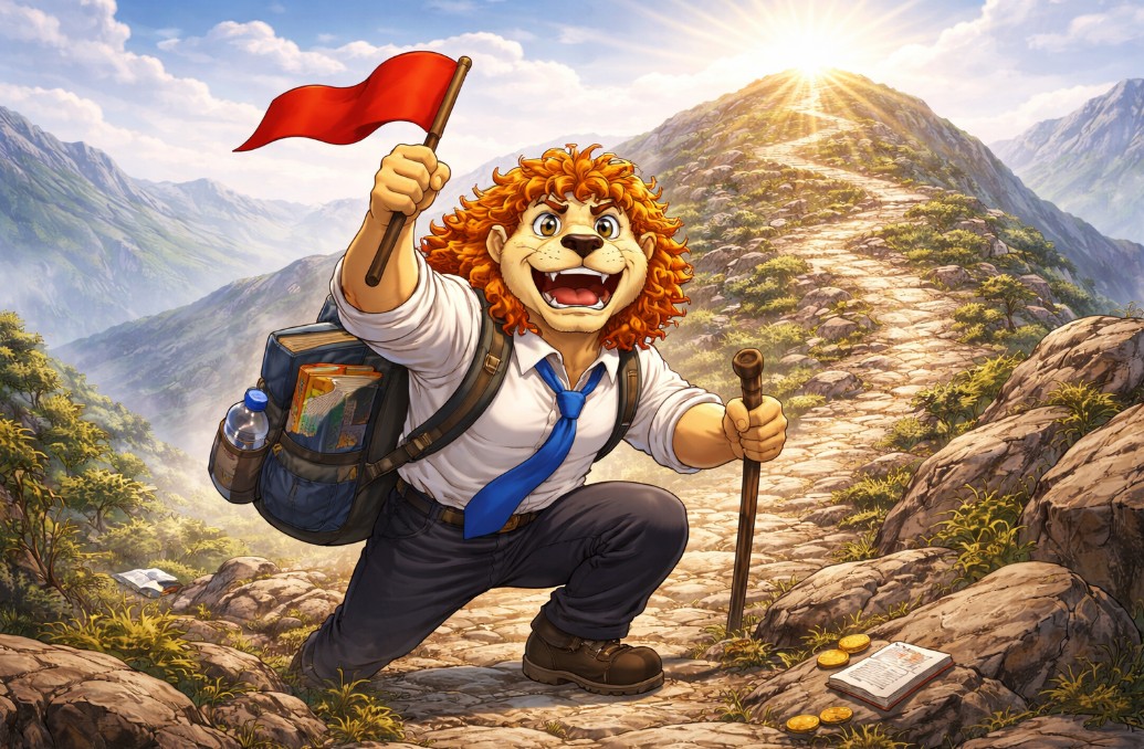 山道を登りながら再挑戦に向かうライオンキャラクターのイラスト｜副業で失敗から立ち直り成功を目指す前向きなイメージ