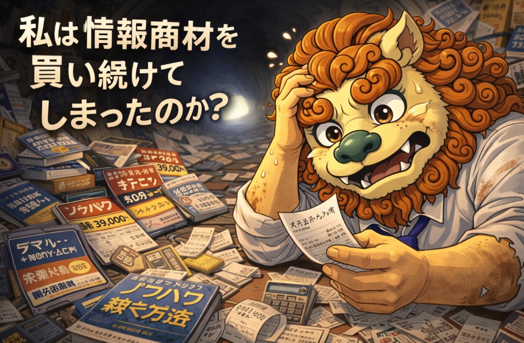 情報商材を買い続けてしまったことに気づき後悔しているライオンキャラクターのイラスト｜副業で稼げない原因と自己反省を表現